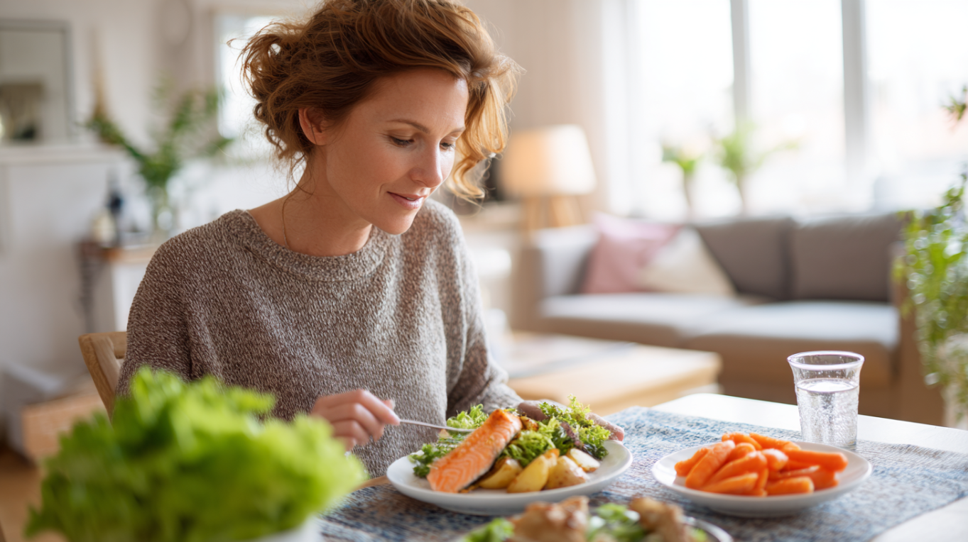 Kobieta spożywa w jadalni wiosenny posiłek z produktów dozwolonych przy zespole jelita drażliwego, m.in. sałata, marchewka, ziemniaki, łosoś.