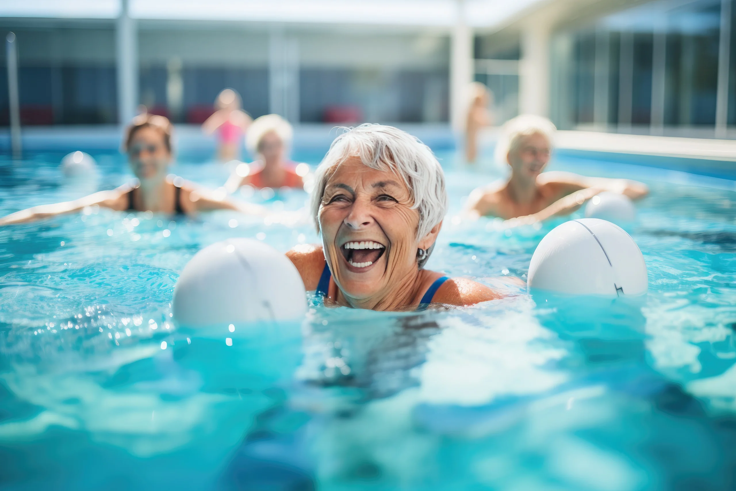 Seniorzy po 60. i 70. roku życia ćwiczą aqua aerobik w basenie - zbliżenie na uśmiechniętą kobietę w dojrzałym wieku.