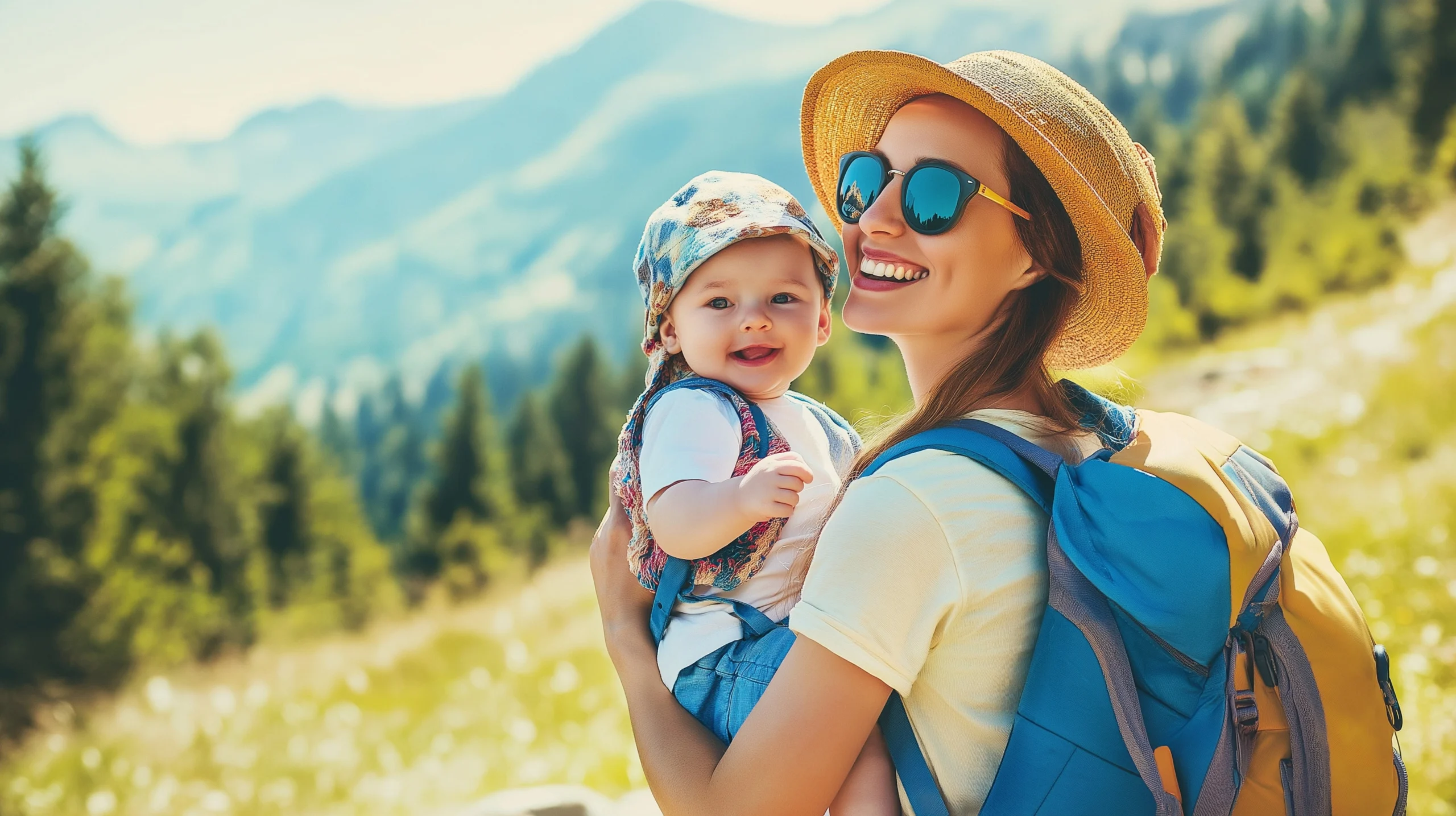 Uśmiechnięta mama z plecakiem i dzieckiem w ramionach na swoich pierwszych wakacjach z niemowlakiem w górach, na słonecznej polanie pośród wysokich szczytów.