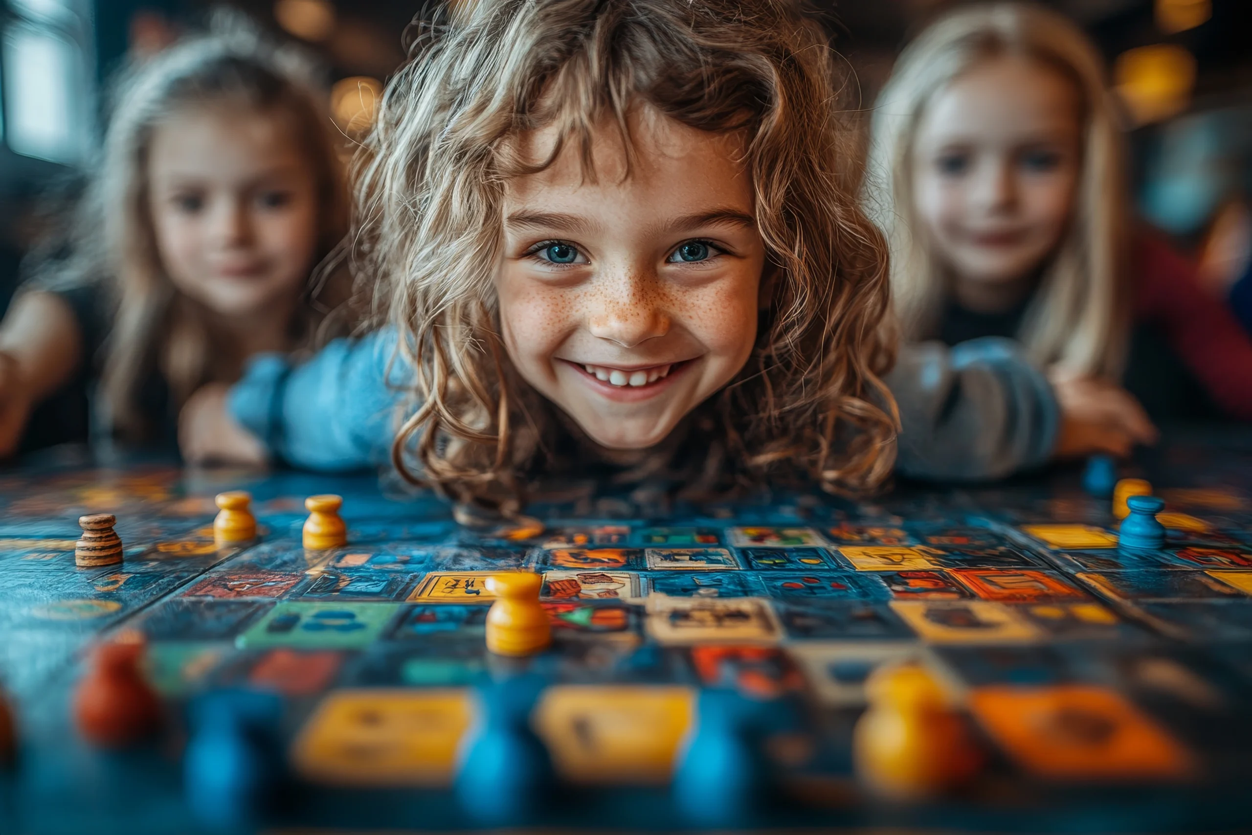 Trzy uśmiechnięte dziewczynki w wieku wczesnoszkolnym nachylają się nad grą planszową, ćwicząc pamięć i koncentrację.