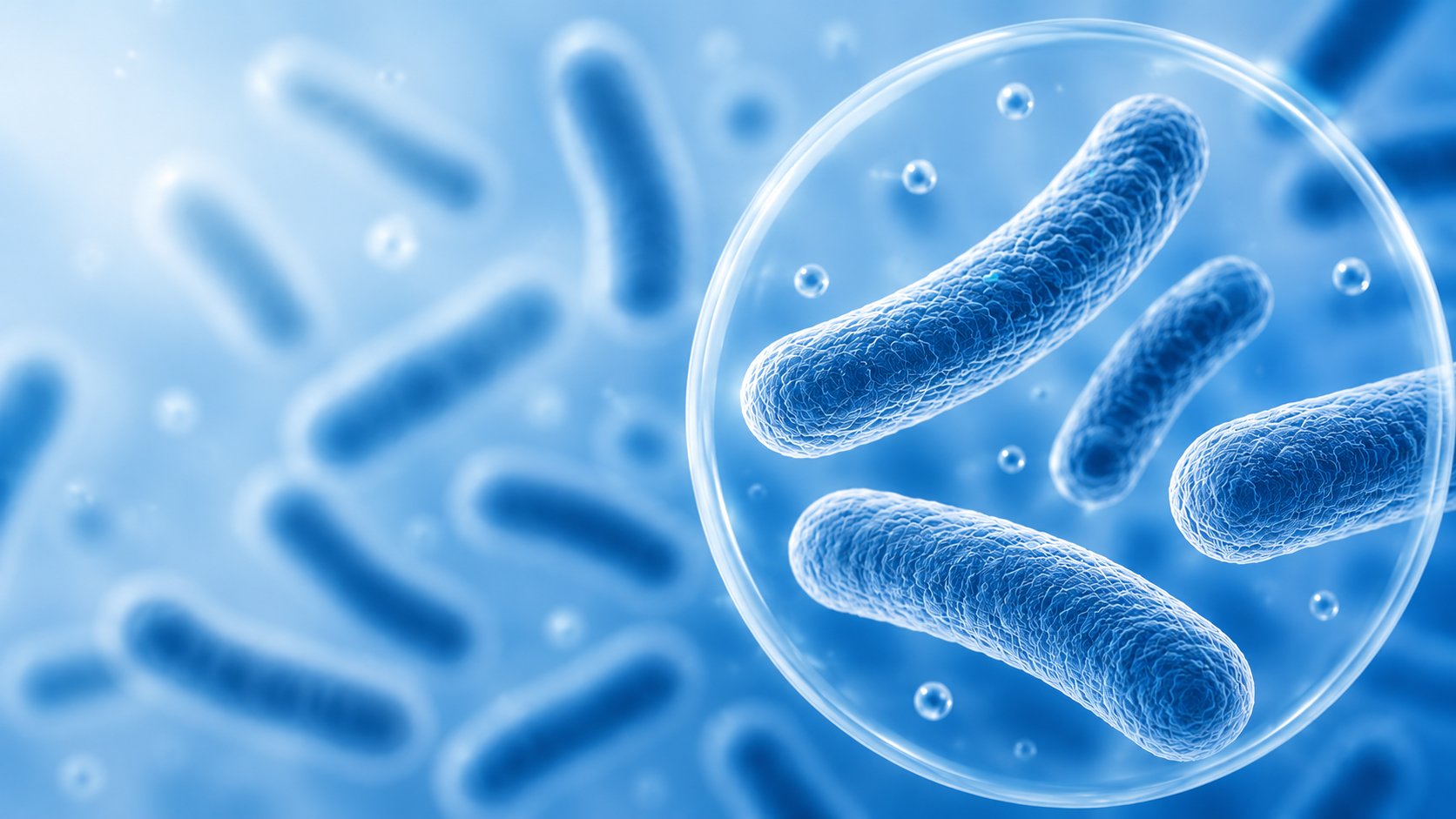 Grafika w niebieskim kolorze przedstawiająca szczepy bakterii probiotycznej Lactobacillus acidophilus.